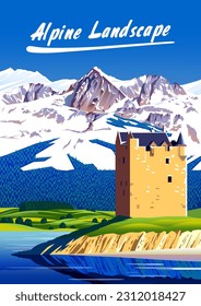 Summer landscape with old castle and lake in the first plan, alpine meadow, forest and mountains in the background. Handmade drawing vector illustration.