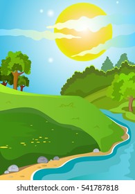 Summer landscape. Landscape on the background of meadows and mountains. Trees stand on a hill. Sunny day. Bright background. Cartoon. Landscape with a River