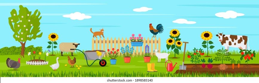 summer landscape on a farm with pets and livestock with green beds and rural tools. Garden and rural life concept. vector illustration
