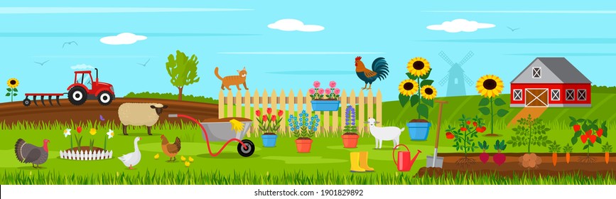 summer landscape on a farm with pets and livestock with green beds and rural tools. Garden and rural life concept. vector illustration