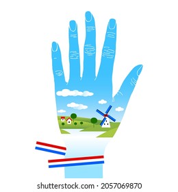 Summer landscape on hand.  Rural Dutch landscape with a mill, houses and trees on the river bank. Hand with Dutch flag on a white background.  Vector illustration.
