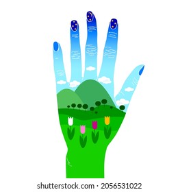 Summer landscape on hand. Tulips, fields, trees, hills, blue sky with clouds, moon and stars. Painted hand brush on a white background. Vector illustration.