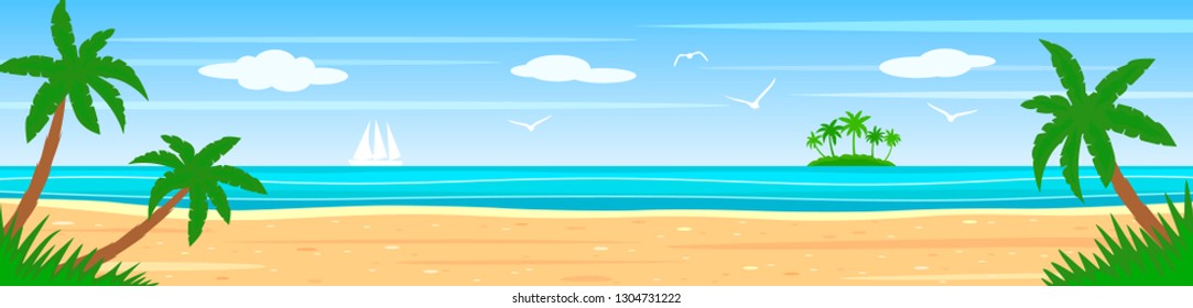 Summer landscape on the shore of a tropical island with palm trees, ocean, white sailboat. flat vector illustration