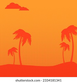 Summer landscape in orange. Background with palm trees at sunset. Sandy beach with red palm trees. Vacation on Hawaii beach retro style. Postcard for summer beach party. Vector illustration stamp