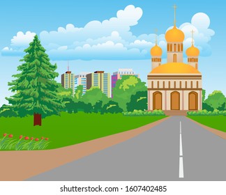 Summer landscape with Orthodox Christian church. Vector illustration.