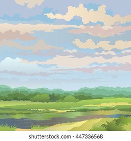 Summer landscape outdoors with river and  green meadow against the sky.  Pastoral vector.