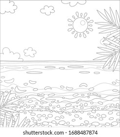 Summer Landscape With Palm Branches Over A Sandy Beach Of A Desert Island In A Tropical Sea On A Warm Sunny Day, Black And White Vector Cartoon Illustration