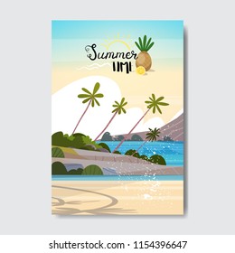 summer landscape palm tree beach sunrise badge design label. season holidays lettering for logo, templates, invitation, greeting card, prints and posters. vector illustration