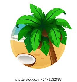 Paisaje de verano. Palmera, playa y coco. Ilustración vectorial.