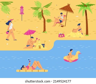 Paisaje veraniego con palmeras, vacaciones en la playa. La gente descansa en la playa, a orillas del mar, ilustraciones planas vectoriales. Vacaciones de verano, turismo, viajes. Gente feliz, turistas