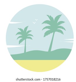 Summer landscape with palm trees and a nice beach. Vector illustration in flat style.