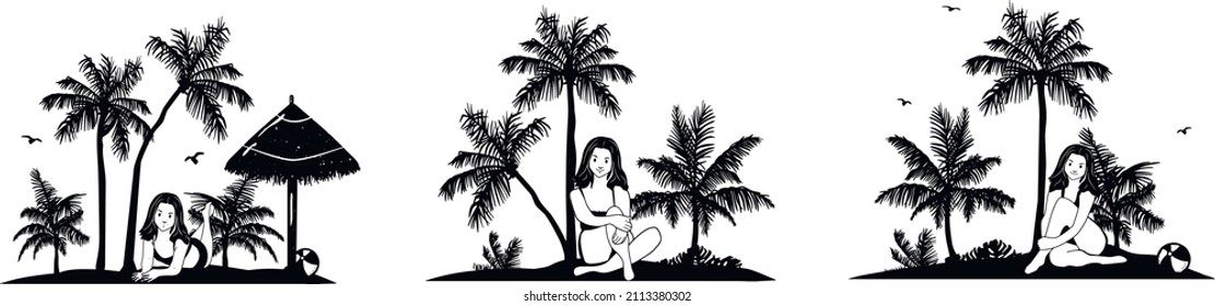 summer landscape with palm trees, sun seagulls and a straw umbrella vector. girl by ocean vector silhouette. girl on beach drawing sketch vector. vector. sketch