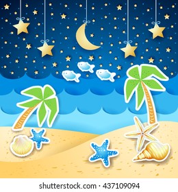 Summer landscape with palms and shells, by night. Vector illustration 