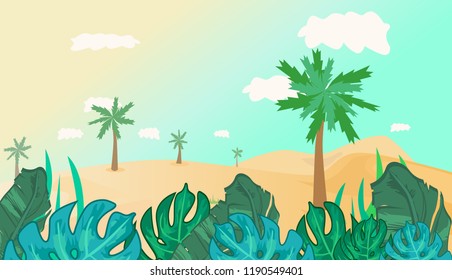 Summer landscape with palms and tropic leaves. Monstera and banana leaves. Template for different design