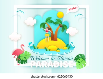 Summer landscape in paper craft style. Welcome to Hawaii card. Aborigine girl waves hand and say Aloha!. Paradise island concept vector illustration with flamingo, palms, beach, ocean, waves, seagulls