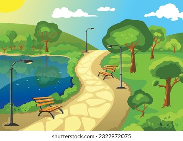 Summer landscape. Park in summer. Pond, trees, benches. Warm weather. Postcard. Picturebook. flat vector illustration.