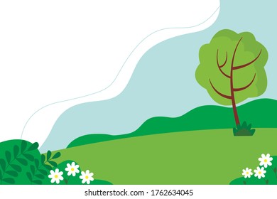 Summer landscape of the Park with trees and flowers. Cute background in flat style.