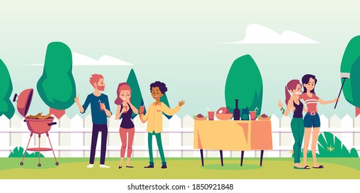 Summer Landscape With People Celebrating Holiday In House Backyard, Flat Vector Illustration. Backyard Party Event With Cheerful People Eating And Communicating.