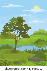 Summer landscape with pine tree, lake, sun and blue sky. Vector