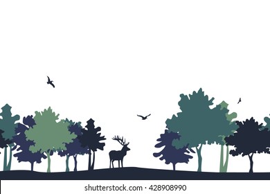 Summer landscape with pine trees and wild animals, forest silhouettes of elk, deer. T-shirt graphics.Illustration for fashion print, poster for textiles, fashion design