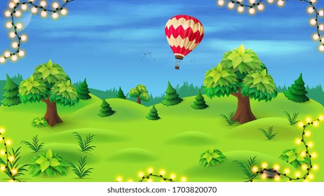 Summer landscape with pines and trees on green meadow on background of blue sky with air ballon. Summer background with cartoon landscape and frame of garland