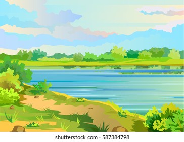 Summer landscape with a pond and meadow grass on the background color of the cloudy sky. Vector illustration.