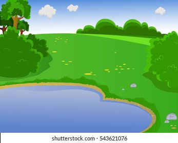 Summer landscape. Landscape with a pond. Overcast. Mountains in the background. Bushes, trees and flowers in the meadow. Beautiful background. Cartoon.
