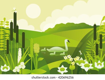 Summer landscape with a pond, water plants and flowers, the family of swans, dragonflies, sun and clouds.