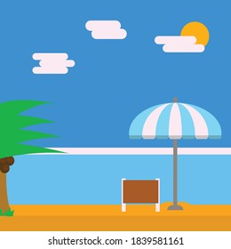 Paisaje de verano para una postal, tarjeta de invitación, playa, paraguas, sol, nubes, sombras, vector EPS de asiento