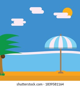 Summer landscape for a post card, invitational card, beach, umbrella, sun, clouds, shadows, seat EPS Vector