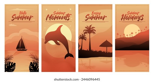 Summer landscape posters set. Evening scenery background collection. 