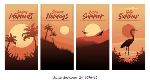 Summer landscape posters set. Evening scenery silhouettes. Sunset postcards collection