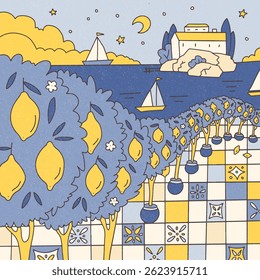 Paisagem de verão com árvores de limão em vaso, piso de azulejos italianos na costa mediterrânea em estilo de garatuja trippy. Vintage verão vibração. Ilustração de vetor desenhada à mão plana.
