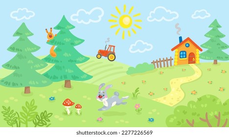 Summer landscape with rabbit, squirrel, tractor, green trees, bushes, grass, flowers, and small house. In cartoon style. Vector flat illustration.