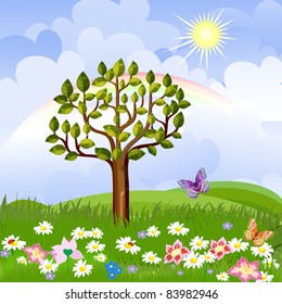 summer landscape with rainbow