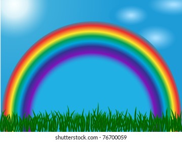 Summer landscape with a rainbow, the blue sky, the sun, clouds and a green grass.  vector illustration