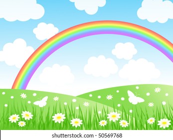 Summer landscape with a rainbow. Vector illustration.