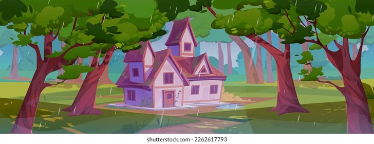 Summer landscape with rainy forest and village house. Nature scene with countryside cottage, garden with puddle, trees and bushes with green foliage under raindrops, vector cartoon illustration