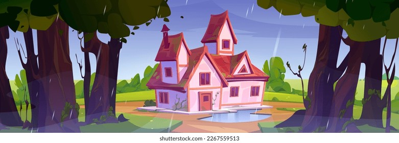 Summer landscape with rainy forest and village house. Nature scene with countryside cottage, garden with puddle, trees and bushes with green foliage under raindrops, vector cartoon illustration