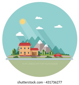 Summer landscape. Red car, Vacation home on a background of mountains. Flat design style vector illustration.