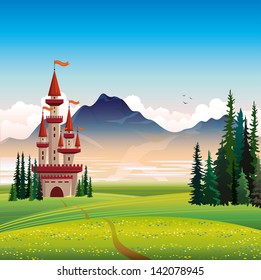 Summer landscape with red castle, green field, spruce and mountain on a blue sky background