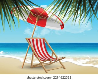 Summer landscape. A red and white striped sun lounger and a beach umbrella on the shore, at the edge of the surf. Highly realistic illustration.