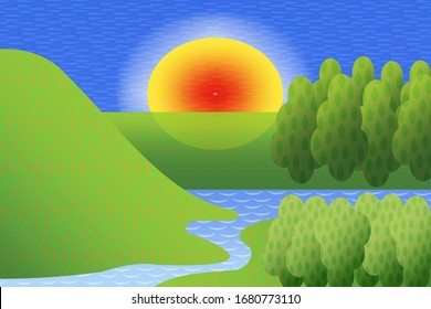 summer landscape with the rising sun and the river in the foreground