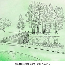 Summer landscape with a river and a bridge over it