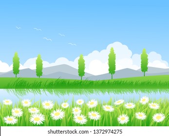 summer landscape with river and flowers