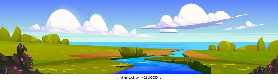 Summer landscape with river flowing into sea. Nature panorama with water stream, ocean coast, green grass, bushes with flowers and clouds in sky, vector cartoon illustration