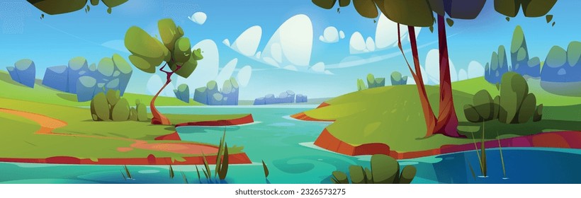 Summer landscape with river flowing in valley. Vector cartoon illustration of beautiful natural scenery, blue water in lake, green grass, trees and bushes on banks, clear sky with fluffy clouds