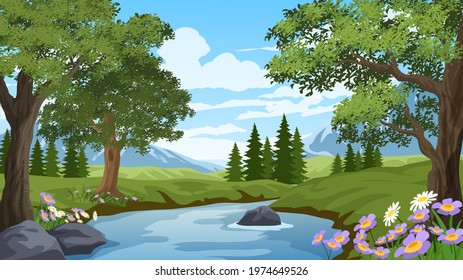 Summer landscape with river and forest