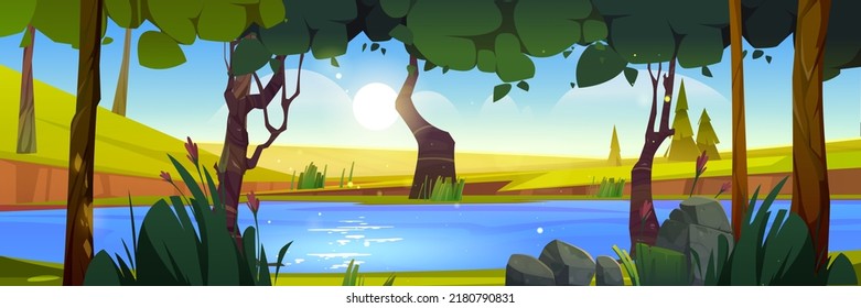 Paisaje veraniego con río en bosque y campos verdes. Dibujo vectorial del panorama rural con lago con agua azul, árboles, hierba, flores y piedras en la orilla