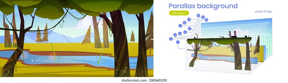 Summer landscape with river and green trees in forest, meadow and mountains on horizon. Vector parallax background for 2d animation with cartoon illustration of nature scene with brook in woods